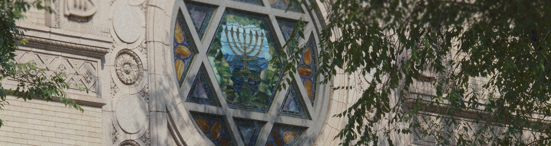 Exterior of Jewish Synagogue with Star of David in Stained Glass Window